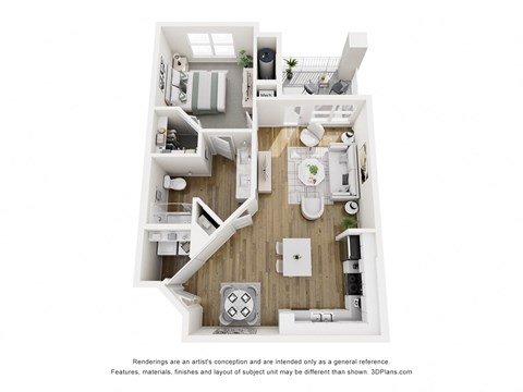A 3D floor plan of a small apartment with a kitchen, living room, and bathroom.
